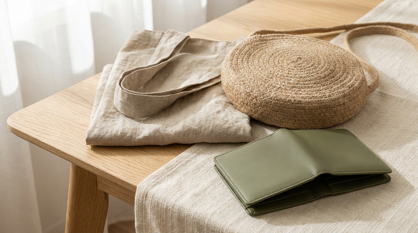 Accessoires en matières naturelles : lin, jute, cuir végétal