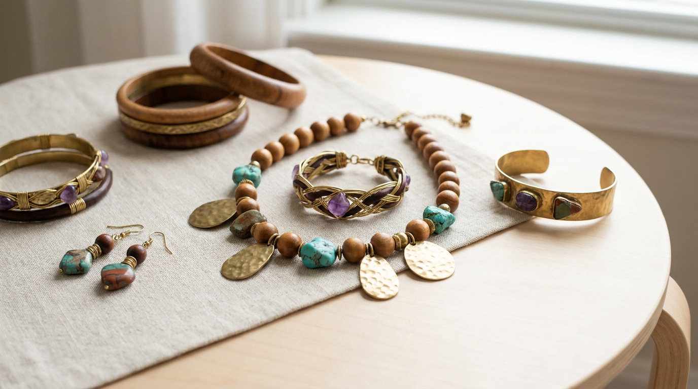 Bijoux en matériaux naturels : bois, pierre, laiton